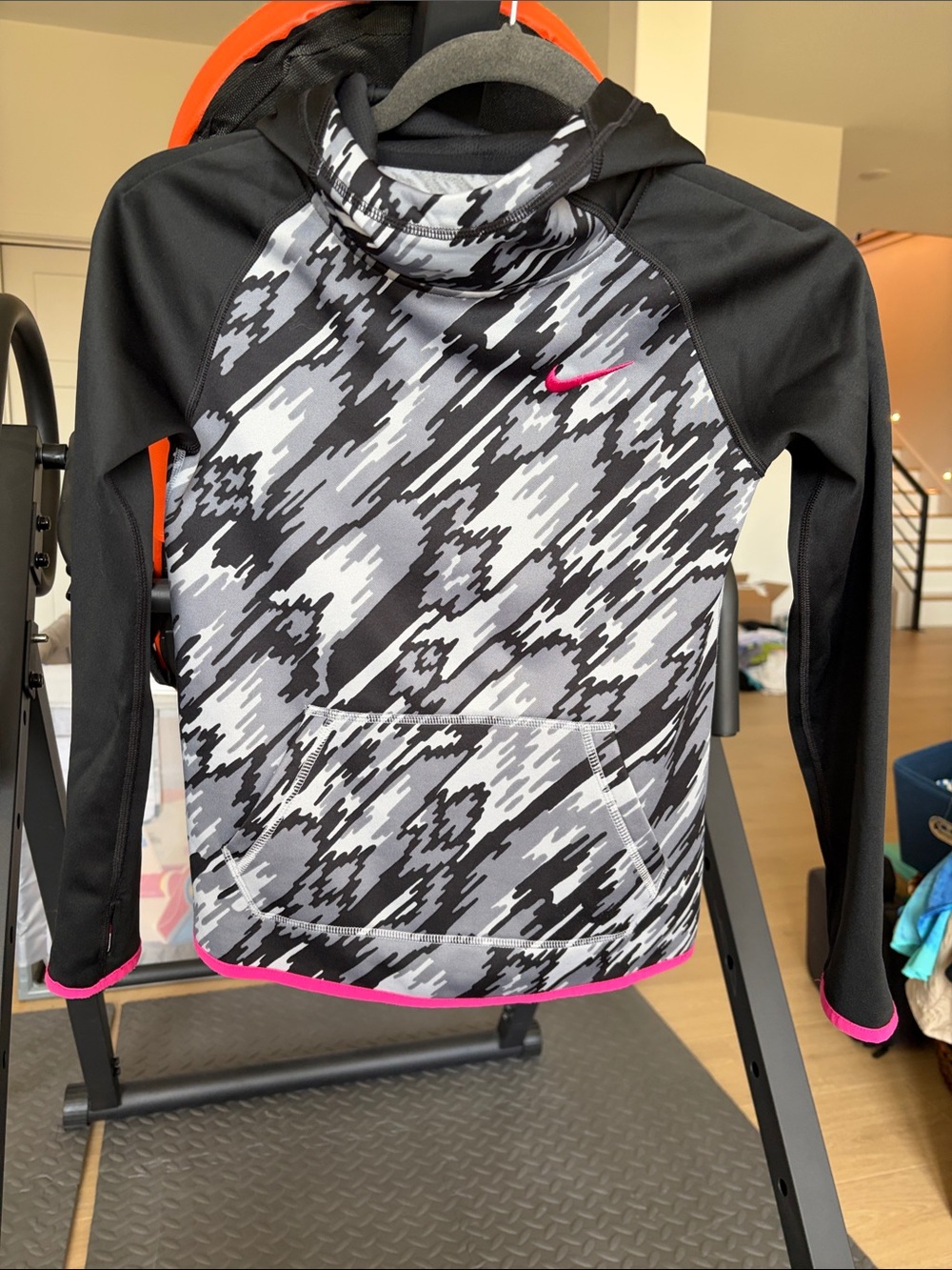 Nike Kids Black & Gray Camo Hooded Swim Rashguard with Pink Accents